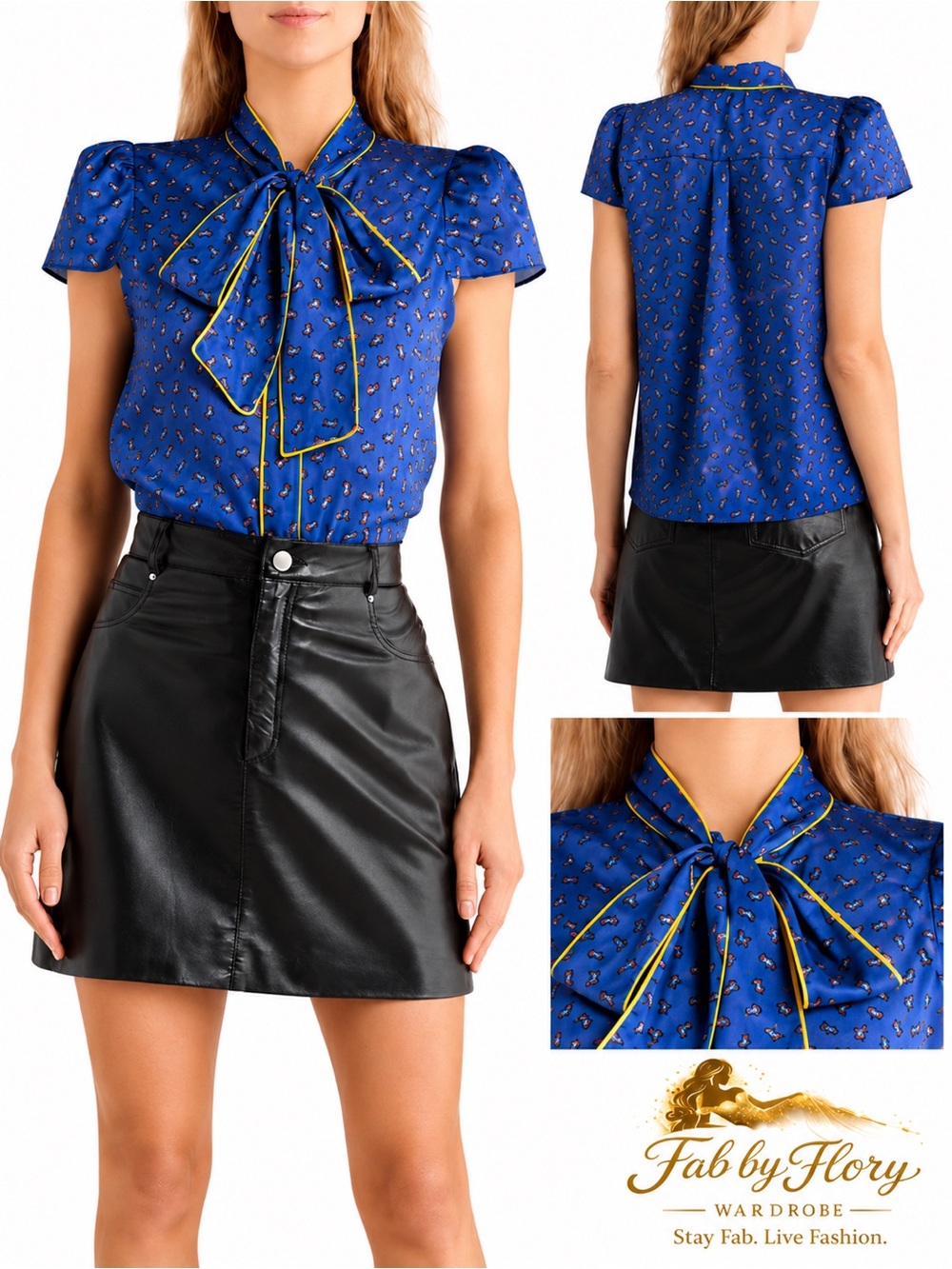 Alice + Olivia Jeannie Blue Mini Paisley Tie Neck Puff Sleeve Blouse Top NWT